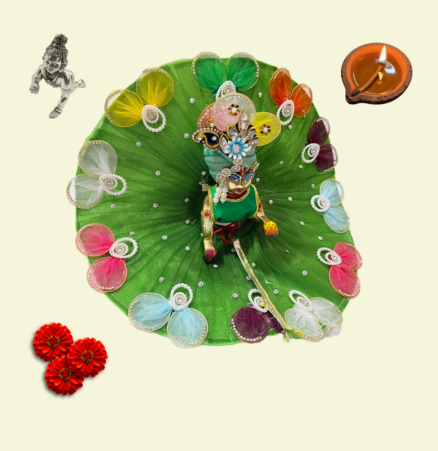 Green and white or green border Divine Poshak – Handmade by Radha Madhav”